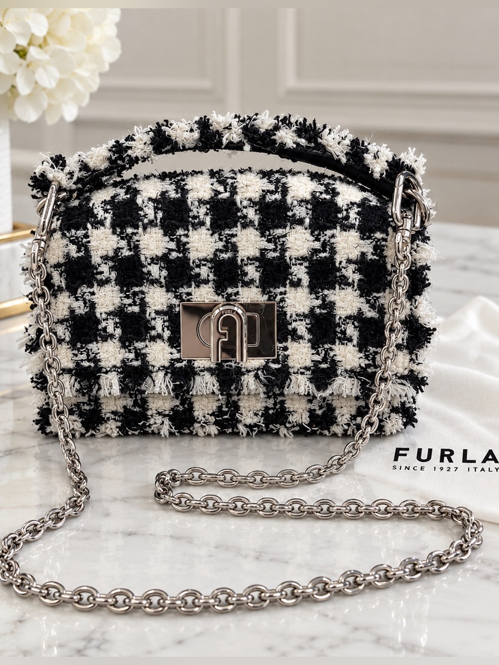 Furla 1927 Mini Black White Bouclé Tweed Chain Bag